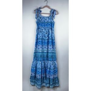 Hale Bob Sayen Maxi Dress Blue White Floral Pleated Tiered Cotton Small New